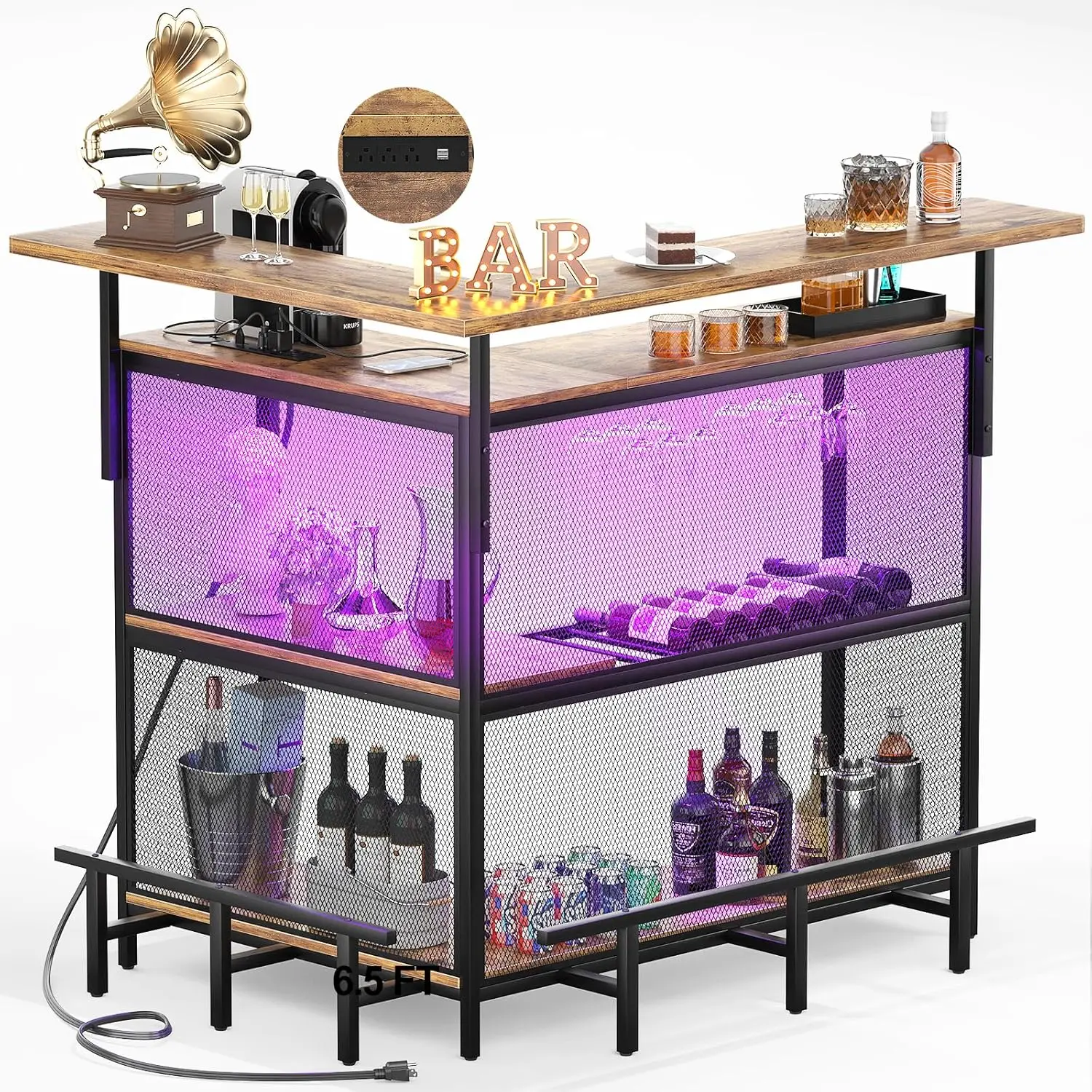 L Shaped Home Bar with Power Outlet & LED Light - Image 7