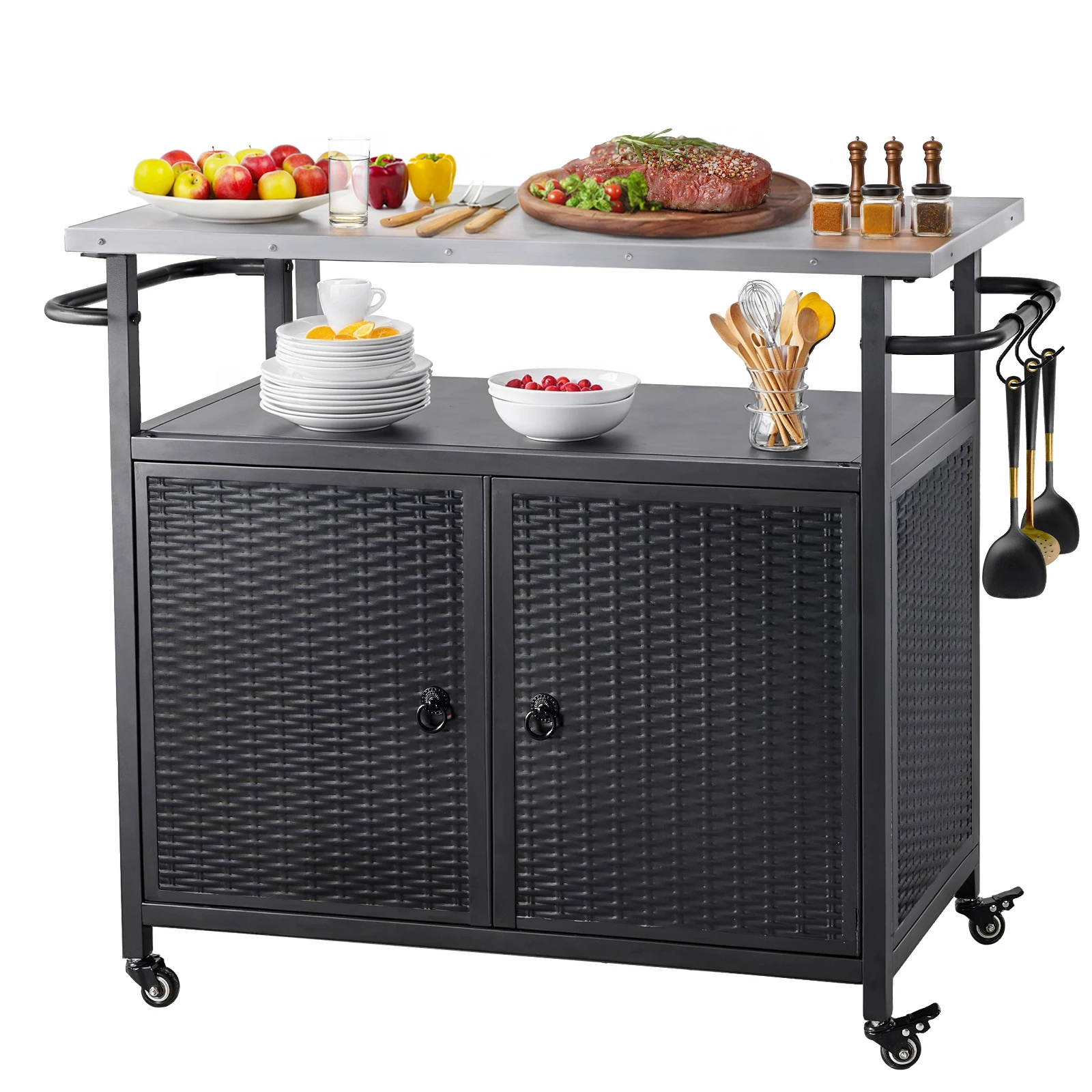 Outdoor Grill Cart with Storage Cabinet Metal Grill Cart Kitchen - Image 7