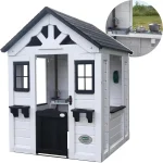 All White Modern Outdoor Wooden Playhouse, Cottage, Sink, Stove, Windows, Kitchen with Pot and Pans and Utensils