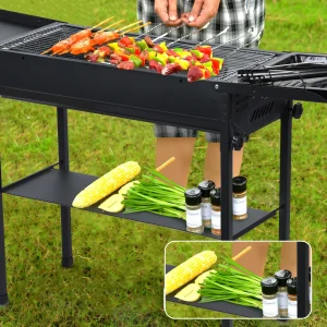 Long Grill, Charcoal Large BBQ Grill, Folded Side Board Camping Barbecue Grill