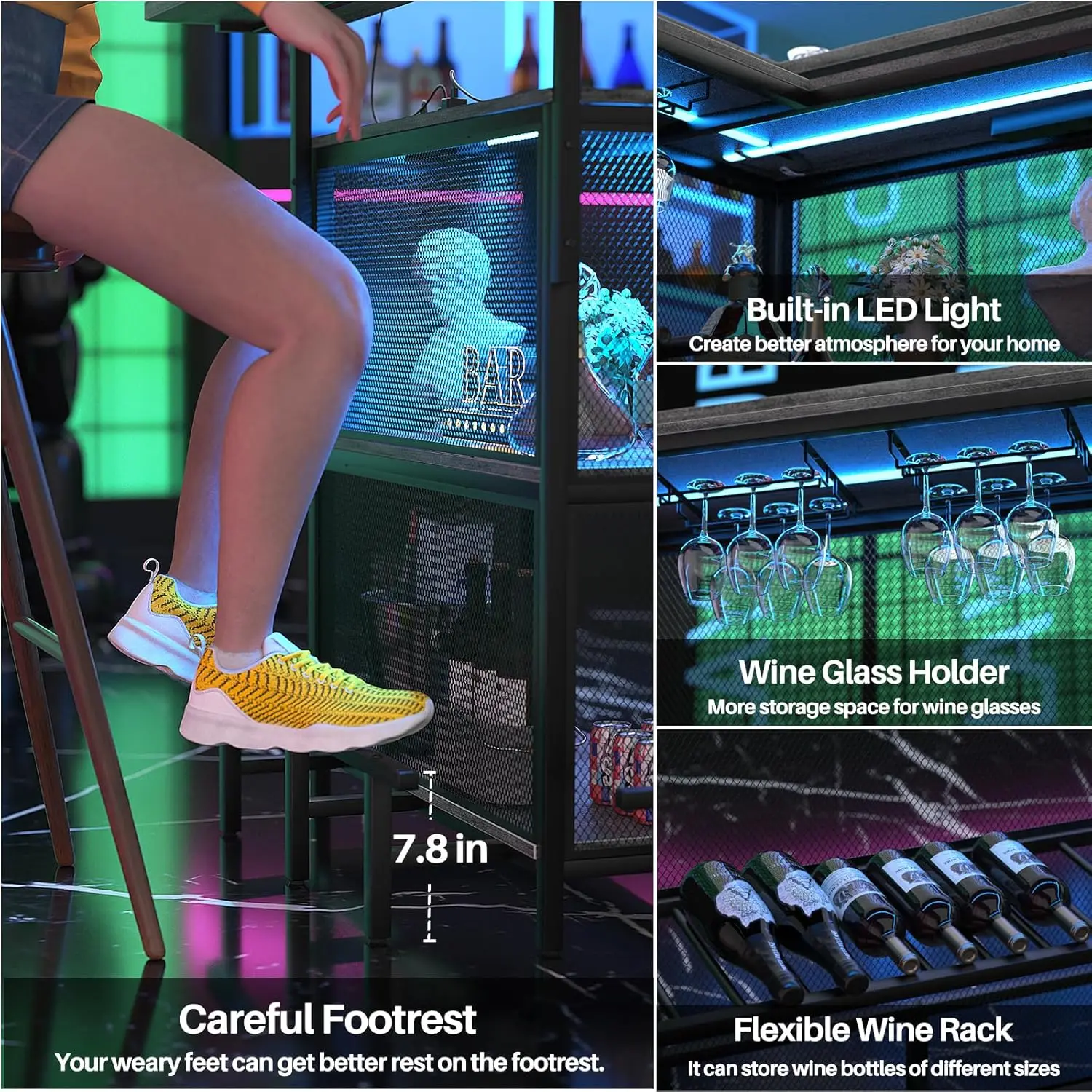 L Shaped Home Bar with Power Outlet & LED Light - Image 6