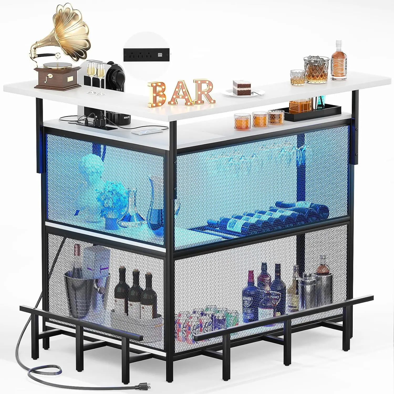 L Shaped Home Bar with Power Outlet & LED Light - Image 11