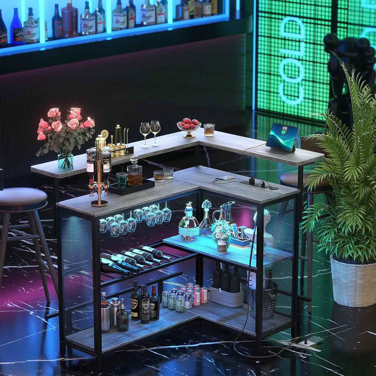 L Shaped Home Bar with Power Outlet & LED Light - Image 2